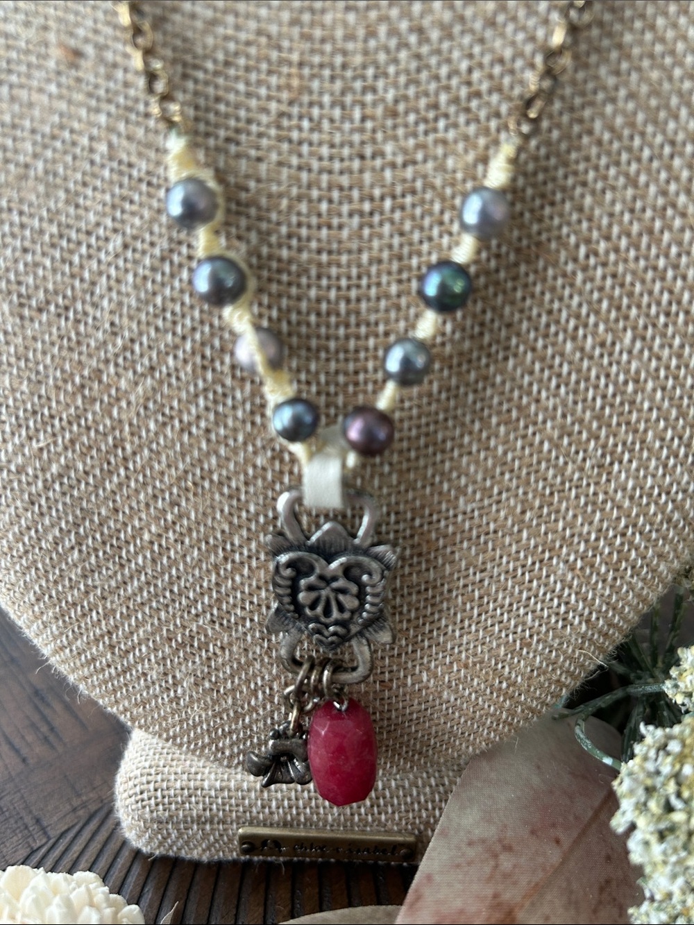 Lucky Brand Antique Gold-Tone Necklace with Multicolor Beads and Red Pendant